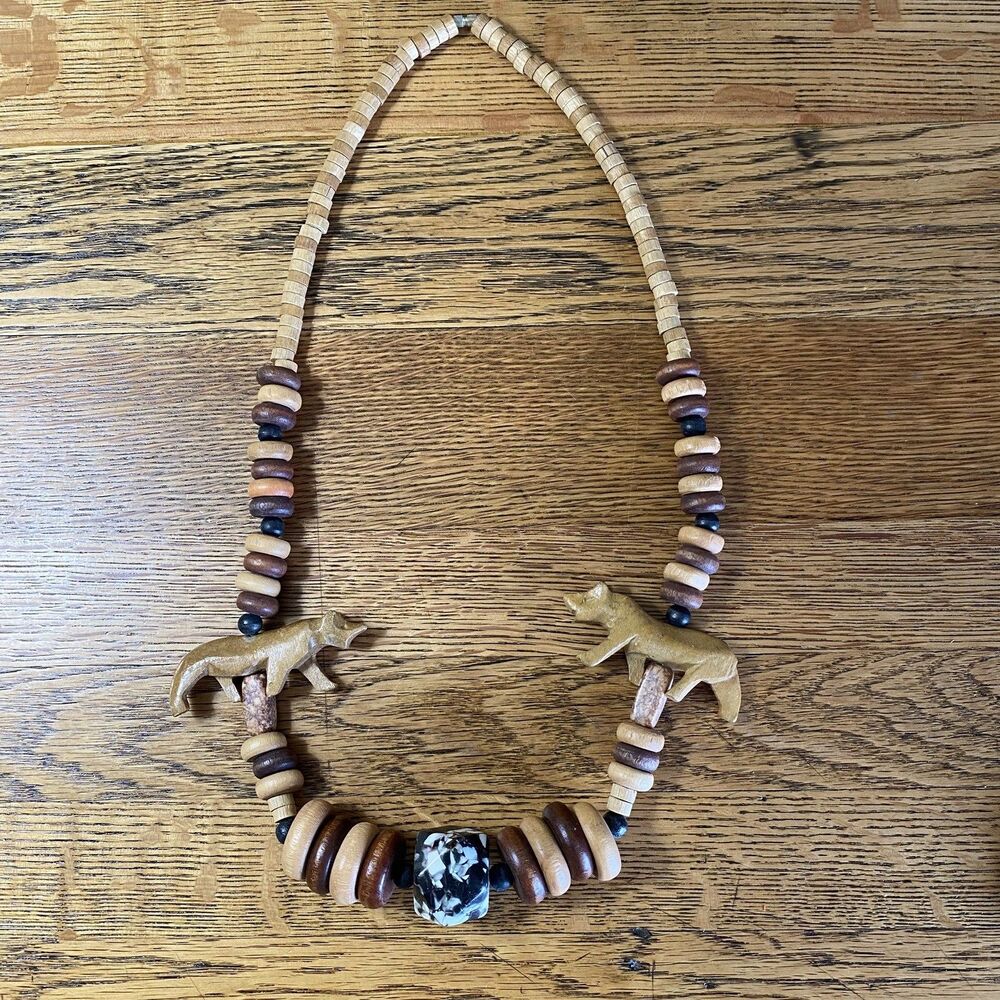 Wood African Animal Beaded Necklace Brown Tan Barrel Clasp
